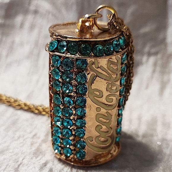Betsey Betsy Johnson Aquamarine Rhinestone Coca Cola Coke Soda Can Necklace NWT - Picture 8 of 16